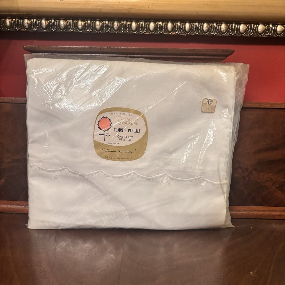 Vintage State Pride Scalloped Combed Percale Flat Sheet White 81x108 NOS USA